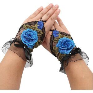 Women's A-A-Black Blue Rose Flowers Embroidered Lace Gloves Cocktail Costumes